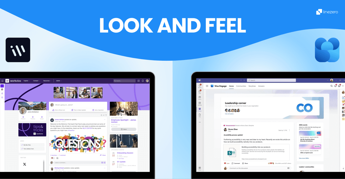 workvivo vs viva engage user interface and experience comparison graphic