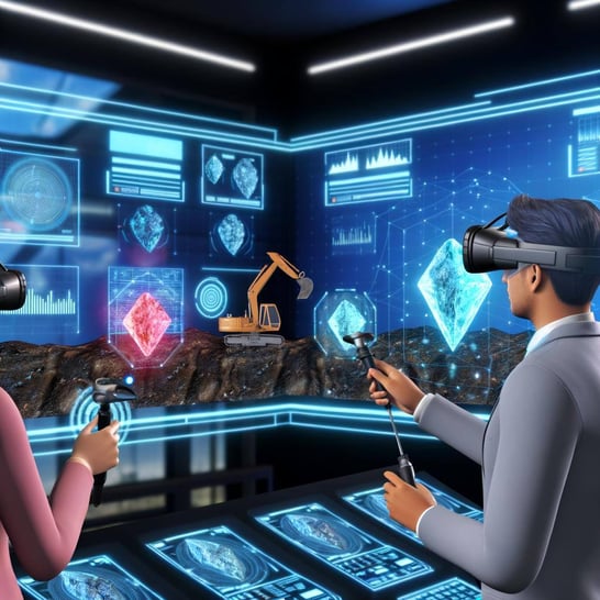 An image of a digital representation of a mining operation in virtual reality, showing geologists interacting with 3D models to assess the site
