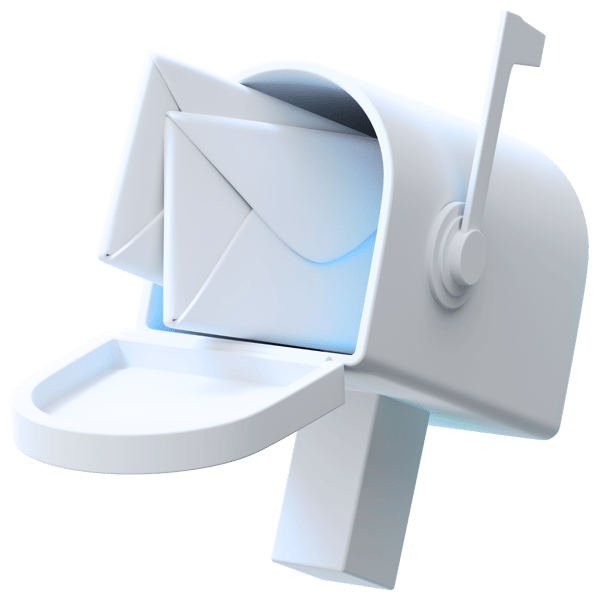 White mailbox with its door open, containing a single white envelope, set against a gradient blue background.