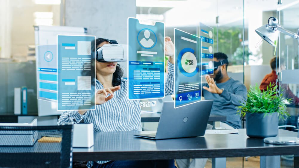 girl with metaverse desk setup