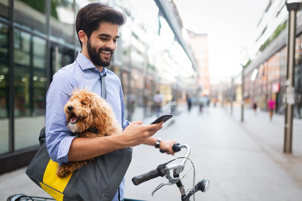 person walking in the street looking at his phone working