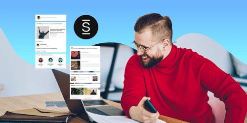 Man at work smiling, appearing engaged, with a banner above showing screenshots of Simpplr Logo and app highlighting its features and interface