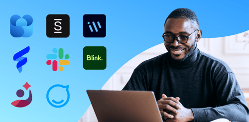 man looking at computer surrounded by EXP logos