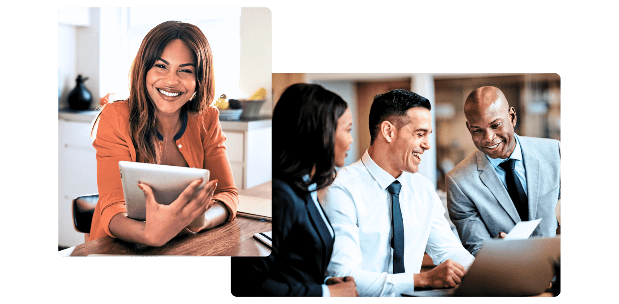 happy employees looking at their devices