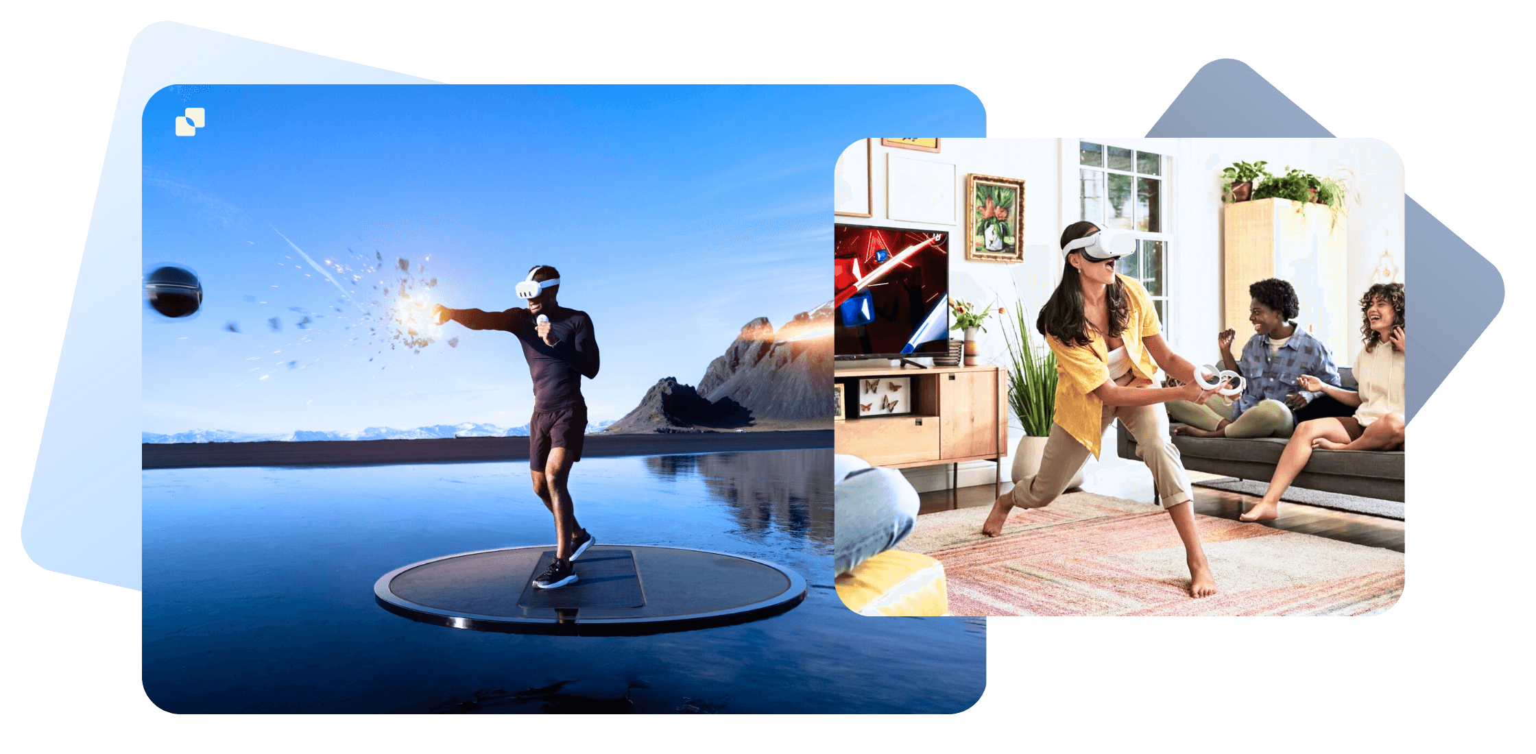 man and woman wearing Meta headset immersed in a virtual world