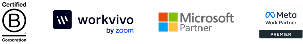 B Corp Logo, Workvivo Logo, Microsoft Partner Logo, Meta Work Partner Logo
