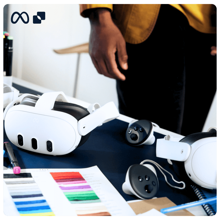 Meta Quest headset surrounded by colourful pens