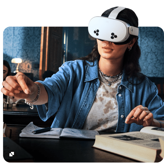 Woman wearing Meta VR headset to learn