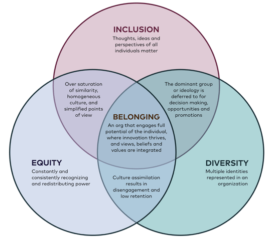 Venn diagram explaining Equity Diversity Inclusion Belonging 