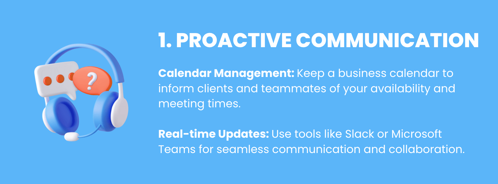Infographic section on proactive communication, emphasizing the use of business calendars and real-time updates through tools like Slack or Microsoft Teams.