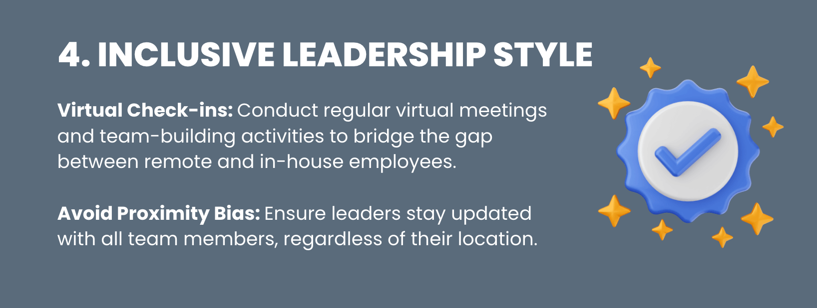 Infographic section on inclusive leadership style, promoting regular virtual check-ins and team-building activities to bridge the gap between remote and in-house employees.