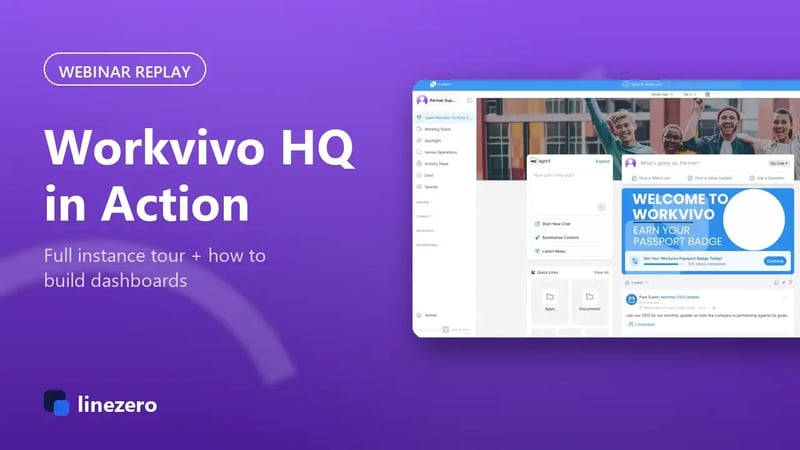 Workvivo HQ instance on a purple background, webinar replay cover