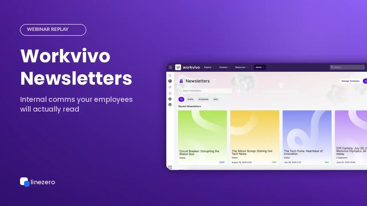 Workvivo Newsletters admin screen on a purple background, webinar replay cover