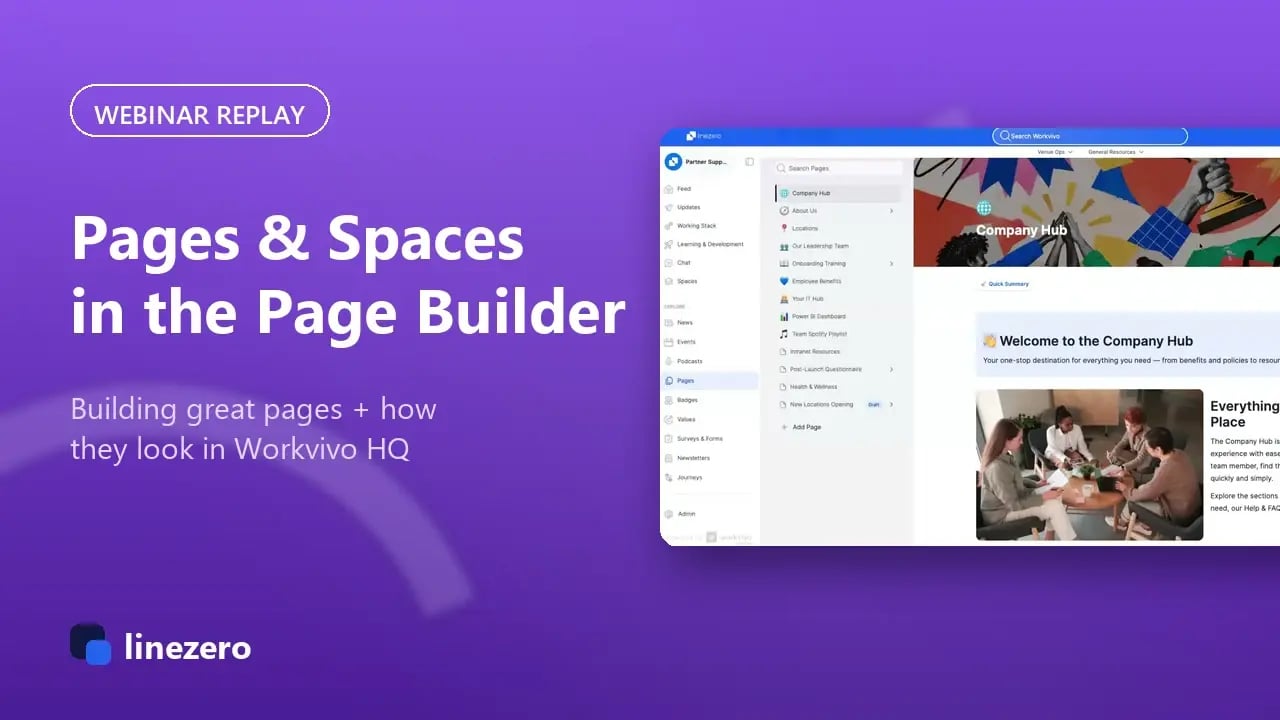 Workvivo Pages and Spaces in the new Page Builder, webinar replay cover