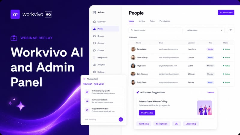 Workvivo admin panel and AI assistant — webinar replay cover