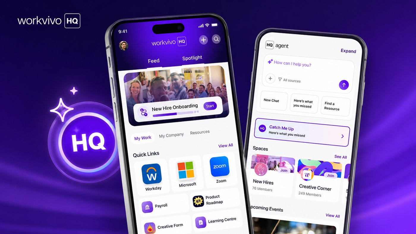 Workvivo HQ mobile app and HQ agent screens on a purple background — webinar replay cover