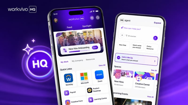 Workvivo HQ mobile app and HQ agent screens on a purple background — webinar replay cover