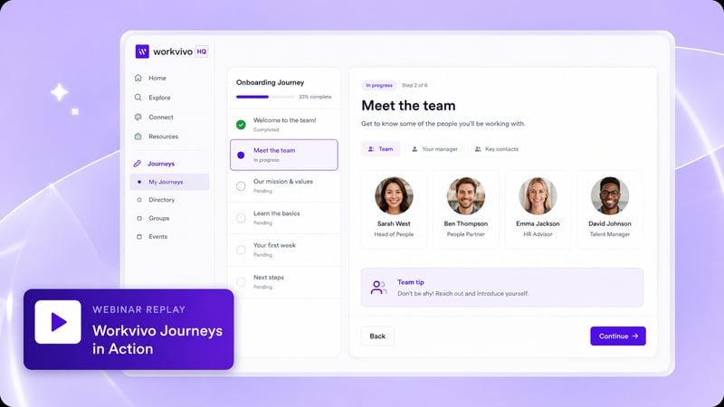 Workvivo Journeys onboarding journey screens — webinar replay cover