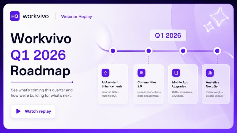 Workvivo Q1 2026 Roadmap webinar cover with quarterly feature timeline
