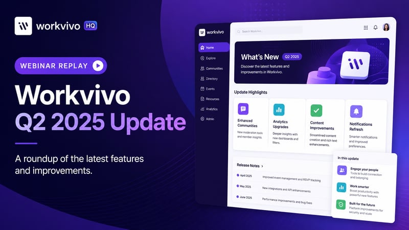 Workvivo Q2 2025 product update highlights — webinar replay cover