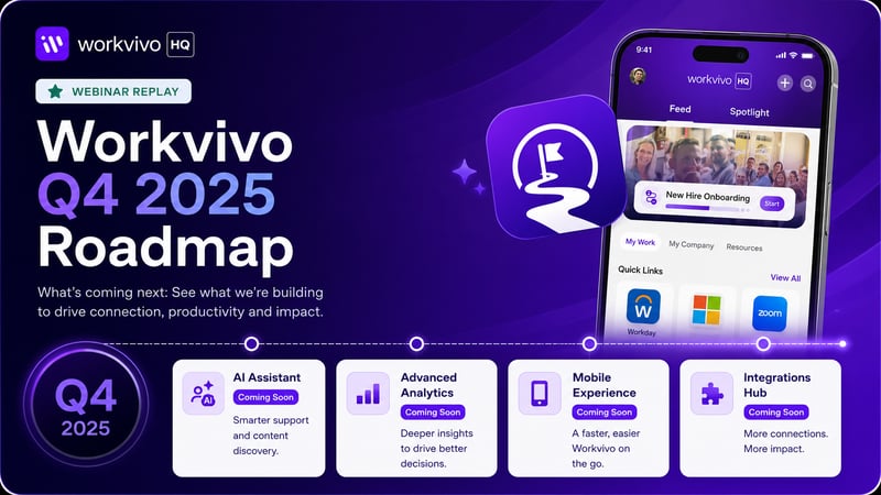 Workvivo Q4 2025 Roadmap webinar cover with upcoming features