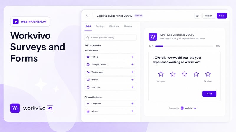 Workvivo survey builder interface — webinar replay cover