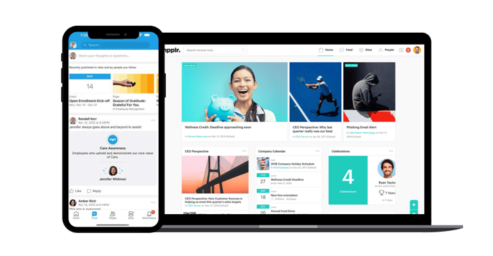 Mockup of Simpplr feed displayed on a laptop and a smartphone, showcasing the platform's user-friendly interface and social collaboration tools.