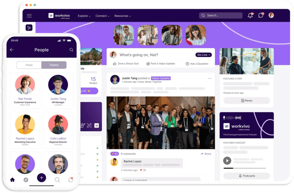 Workvivo platform on desktop and mobile - Digital Employee Experience