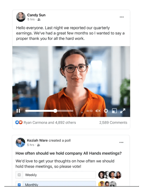 example of a workplace post with comments and reactions