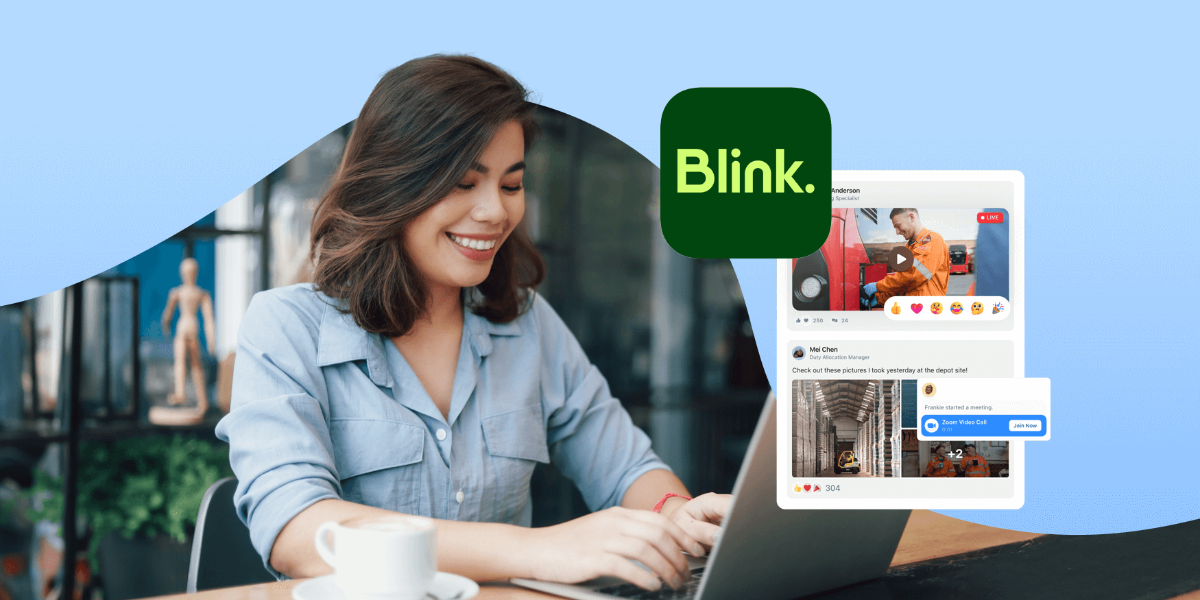 woman accessing the blink employee engagement app on desktop in a coffee shop