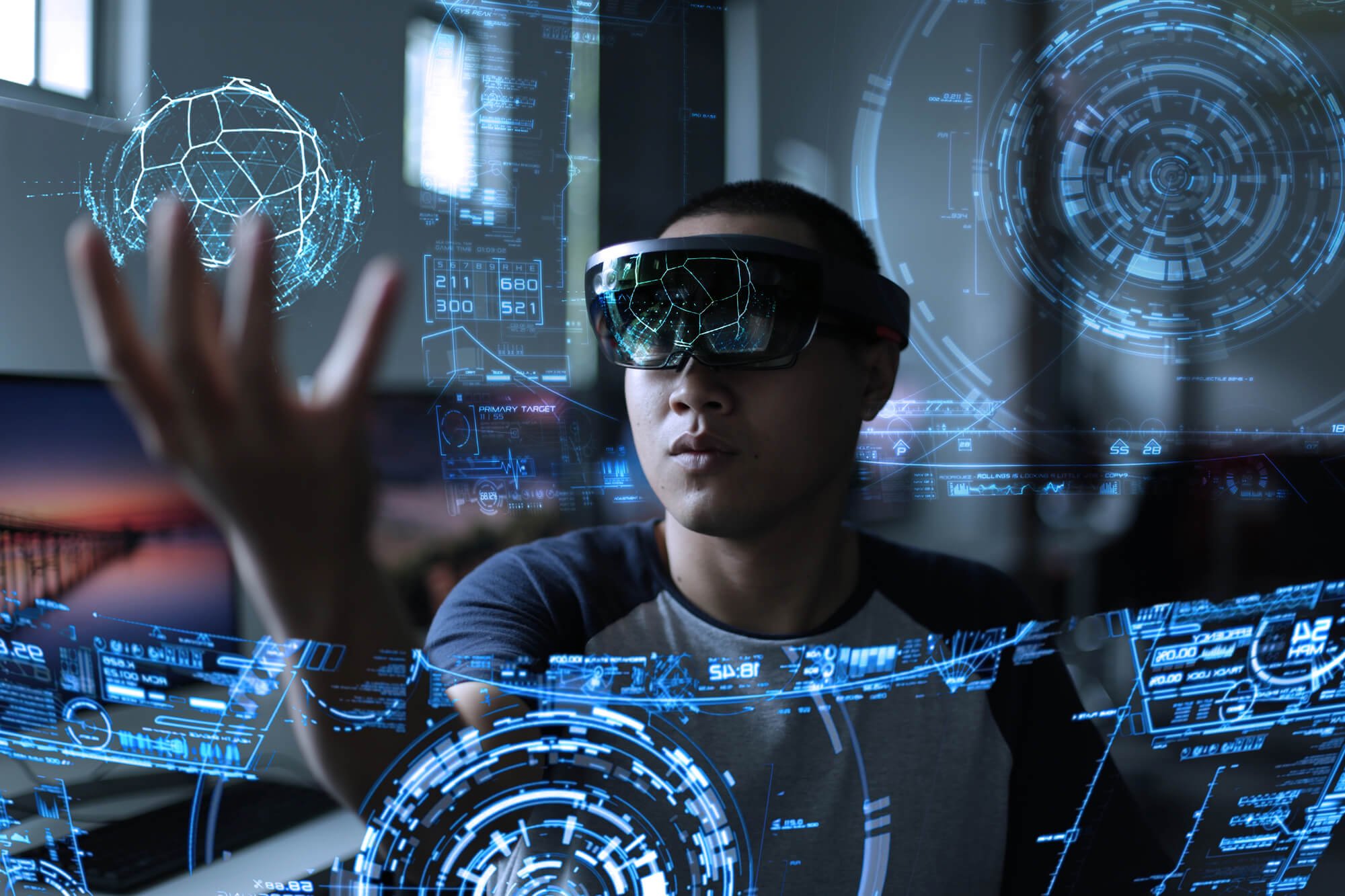 man using mixed reality at work