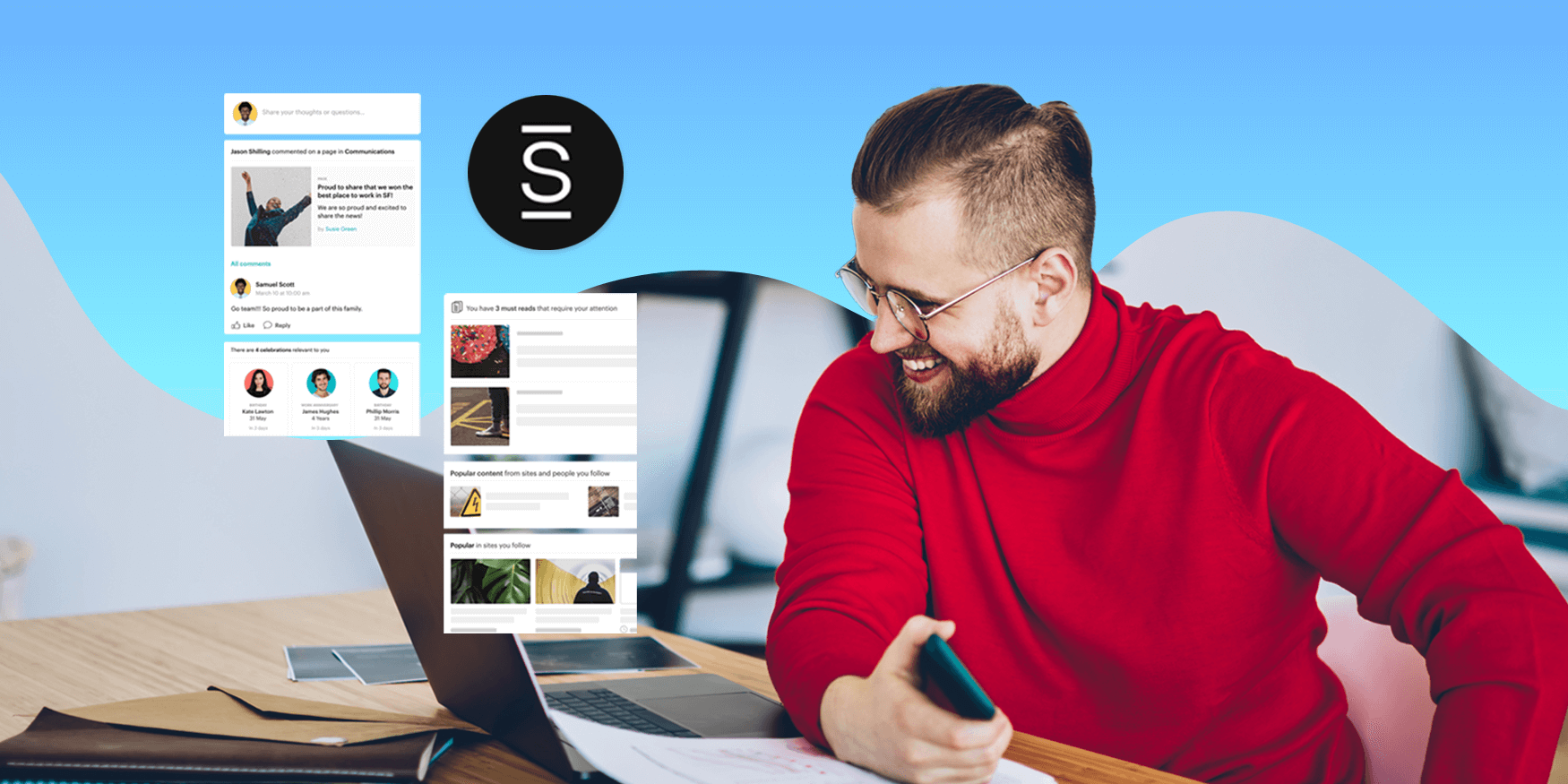 Man at work smiling, appearing engaged, with a banner above showing screenshots of Simpplr Logo and app highlighting its features and interface