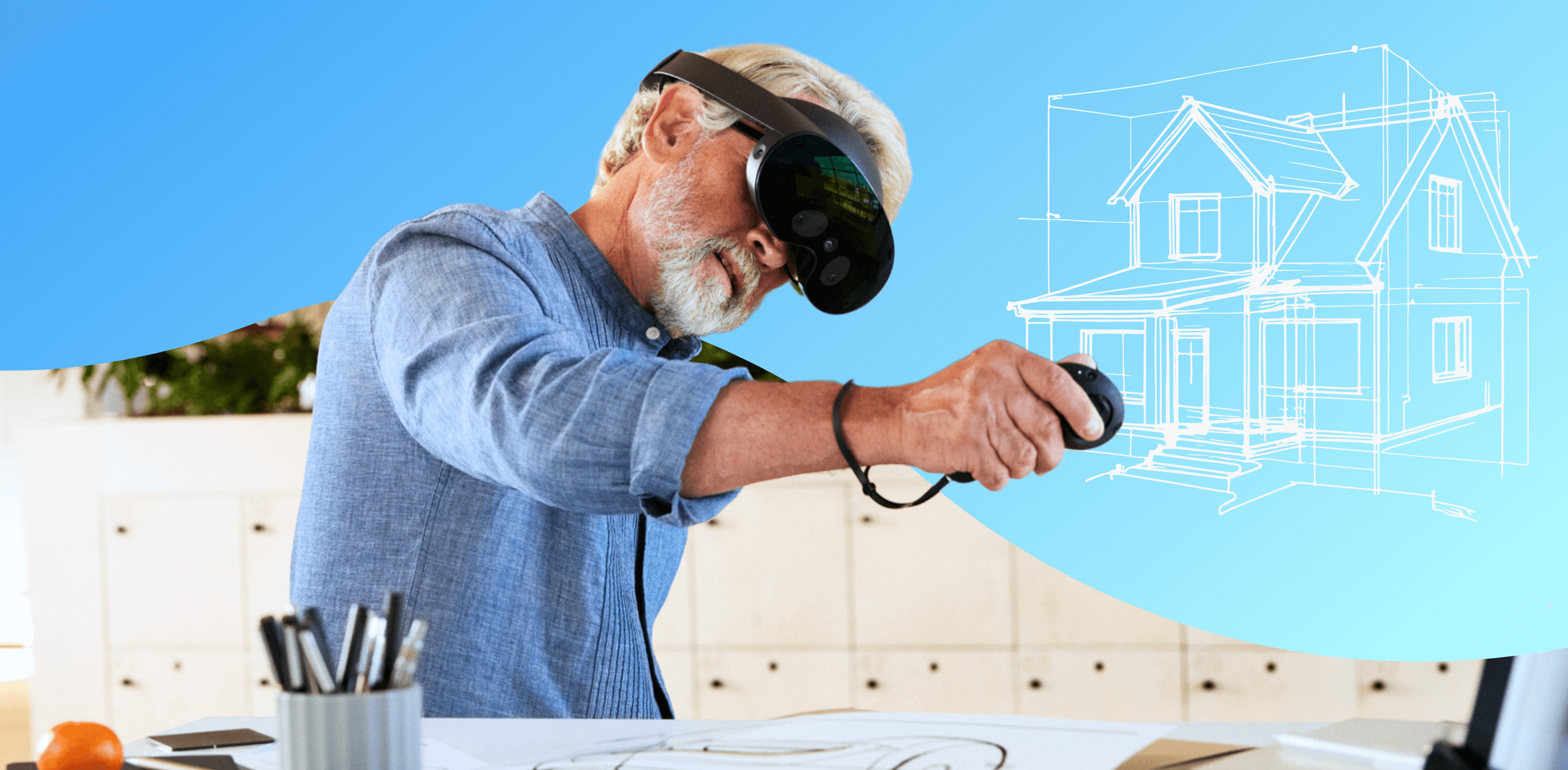 man wearing VR headset while designing