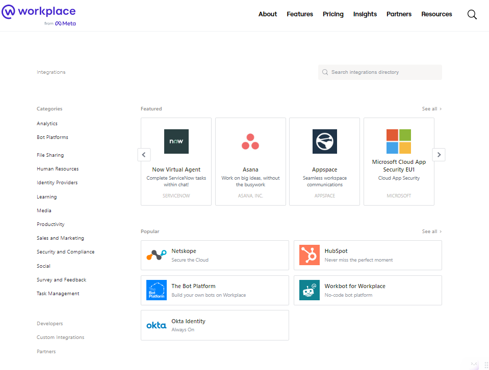 screenshot of workplace integrations capabilities