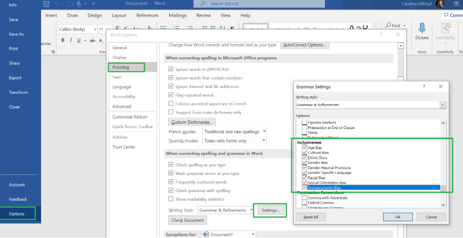 inclusiveness in micrrosoft word